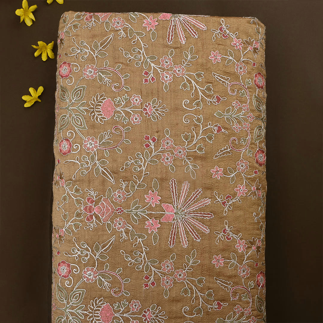 Old Copper Dupion Raw Silk Embroidered Fabric