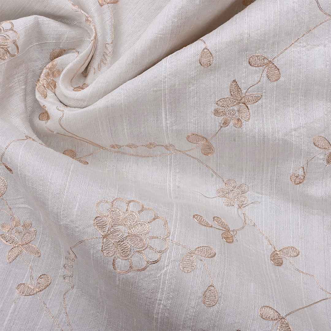 White Smoke Dupion Raw Silk Zari Embroidered Jaal Fabric