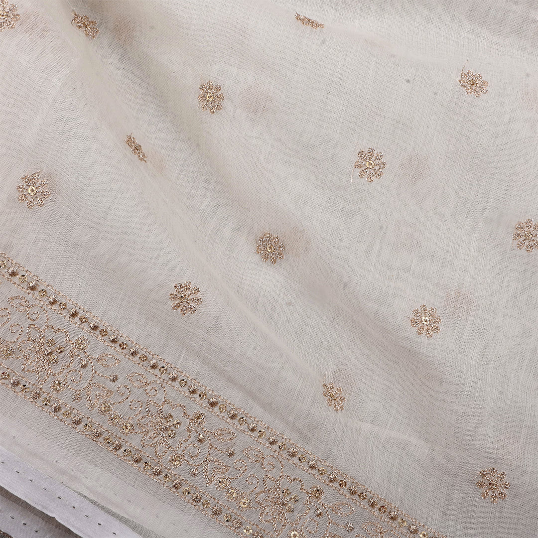 Bone White Chanderi Embroidered Fabric