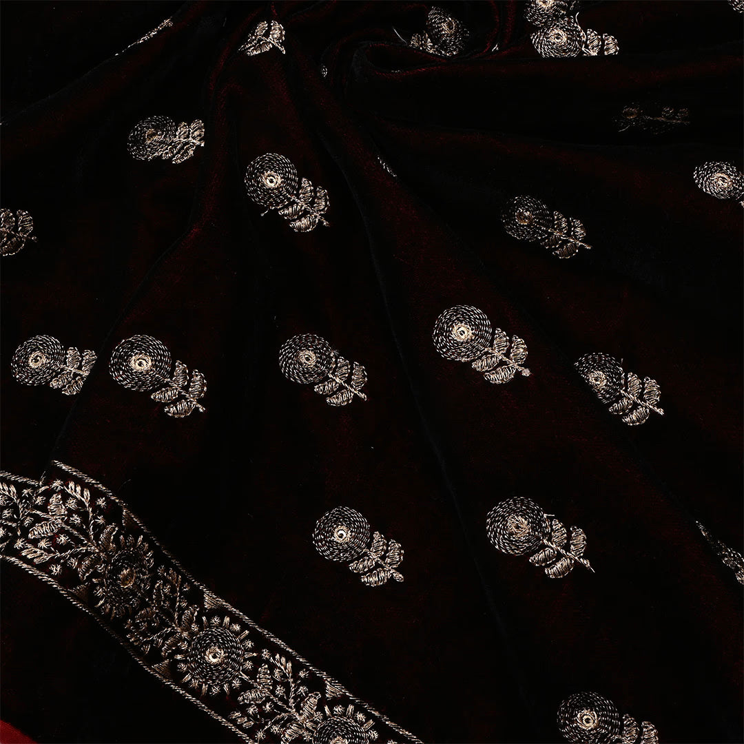 Black Velvet Zari Embroidered Fabric With Red Edge