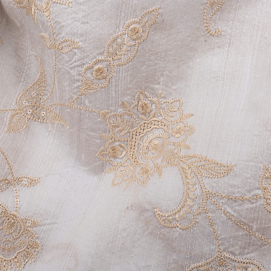 Paper White Dupion Raw Silk Embroidered Fabric