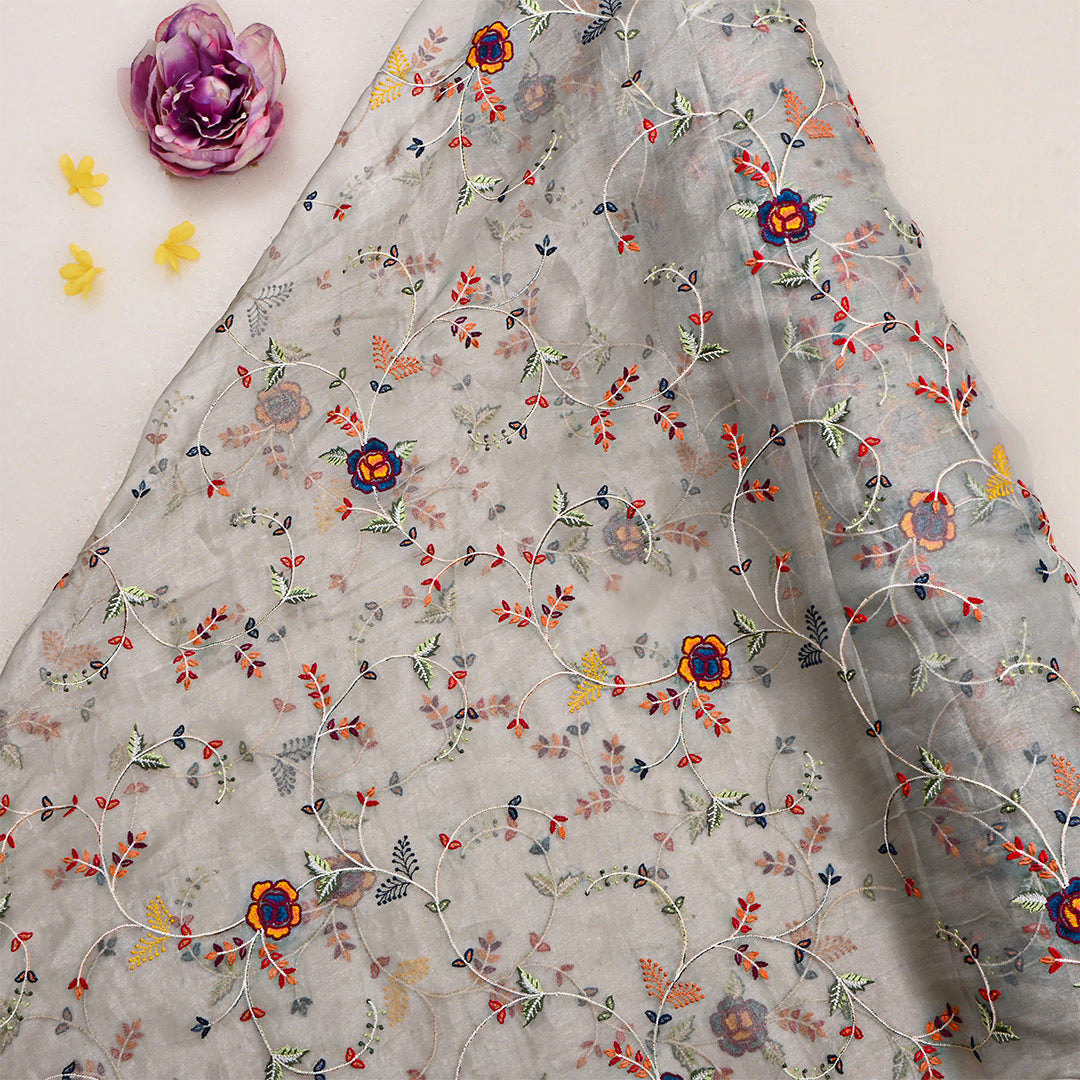 Platinum Silver Tissue Embroidered Fabric