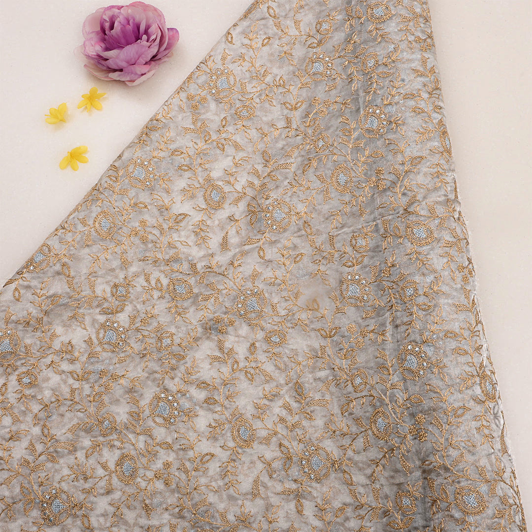 White Tissue Organza Zari Embroidered Fabric