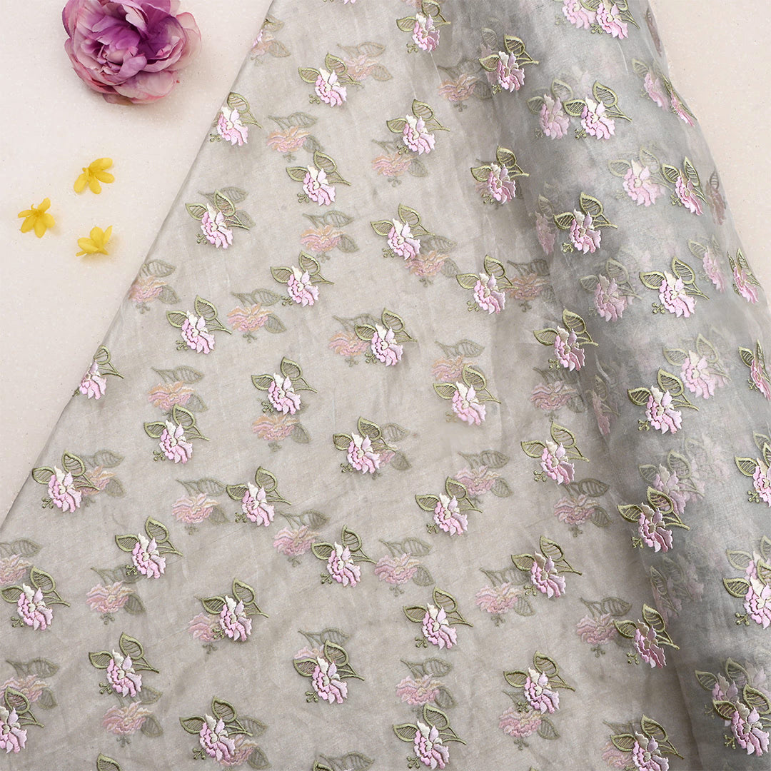 Timberwolf Silver Tissue Embroidered Fabric