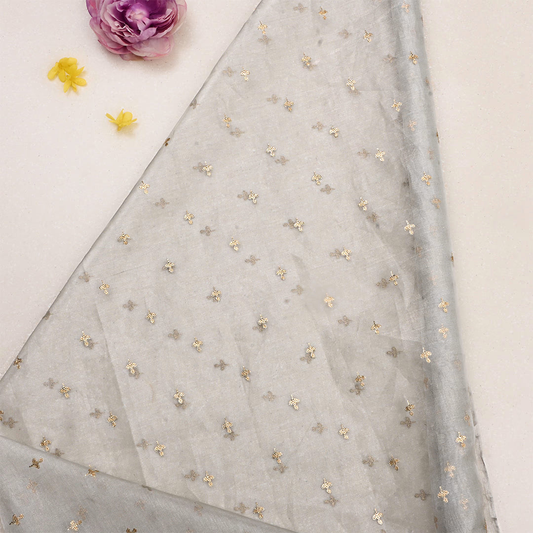 Soft Silver Tissue Zari Embroidered Fabric