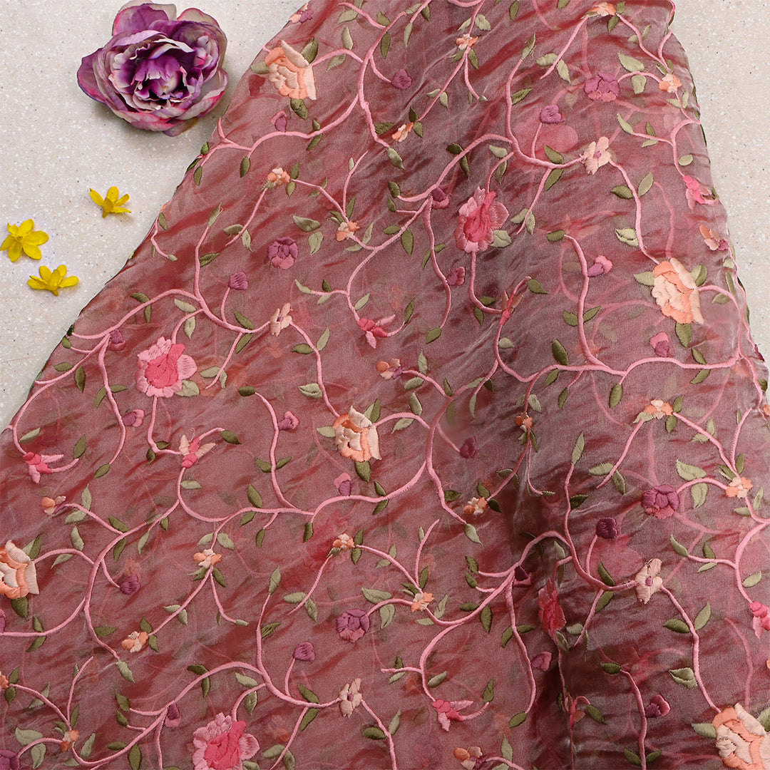 Lotus Red Tissue Floral Embroidery Fabric