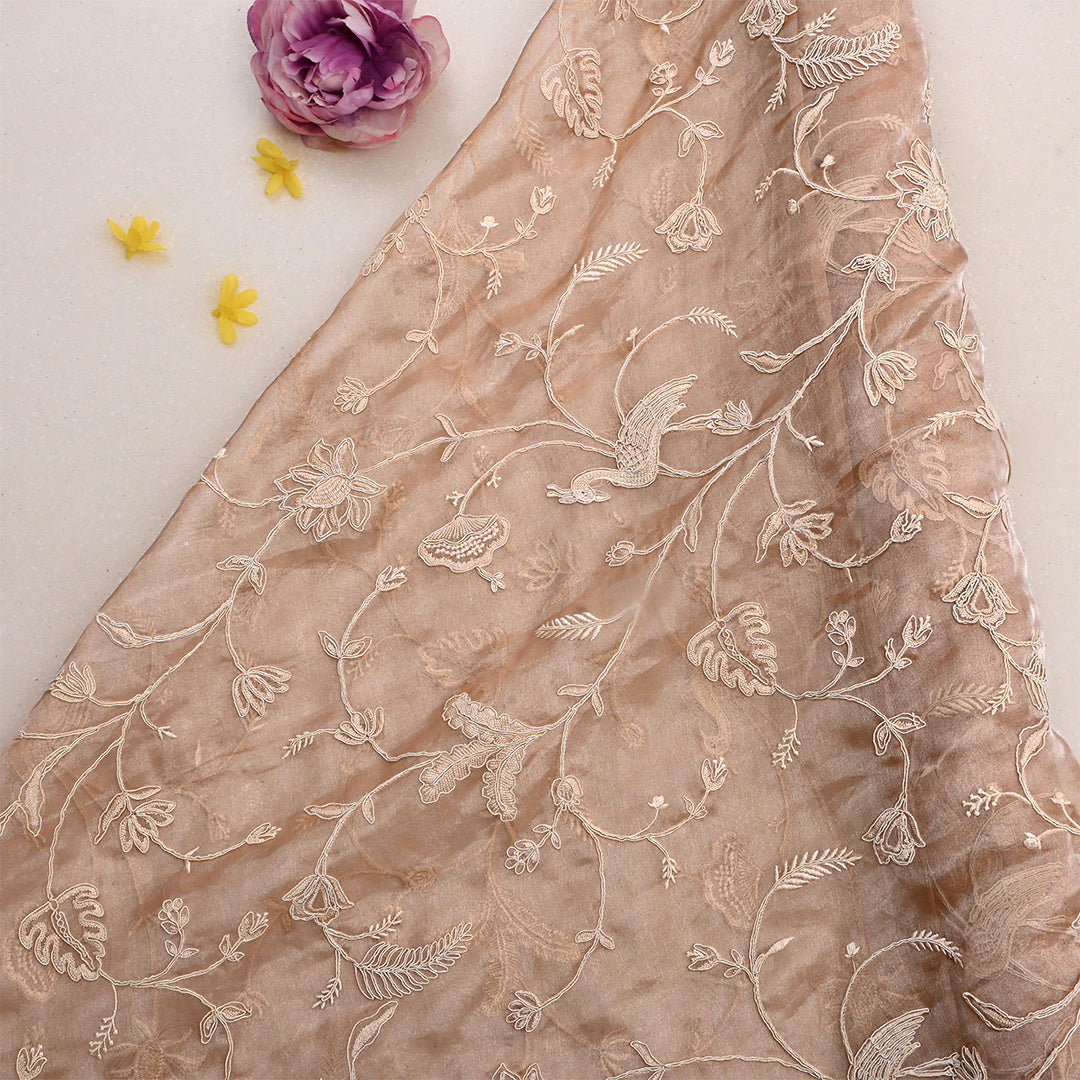 Peachy Pink Tissue Embroidered Fabric