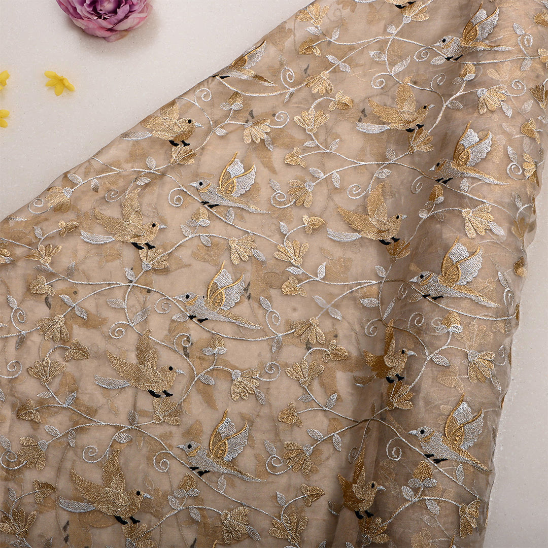 Almond Beige Tissue Embroidered Fabric