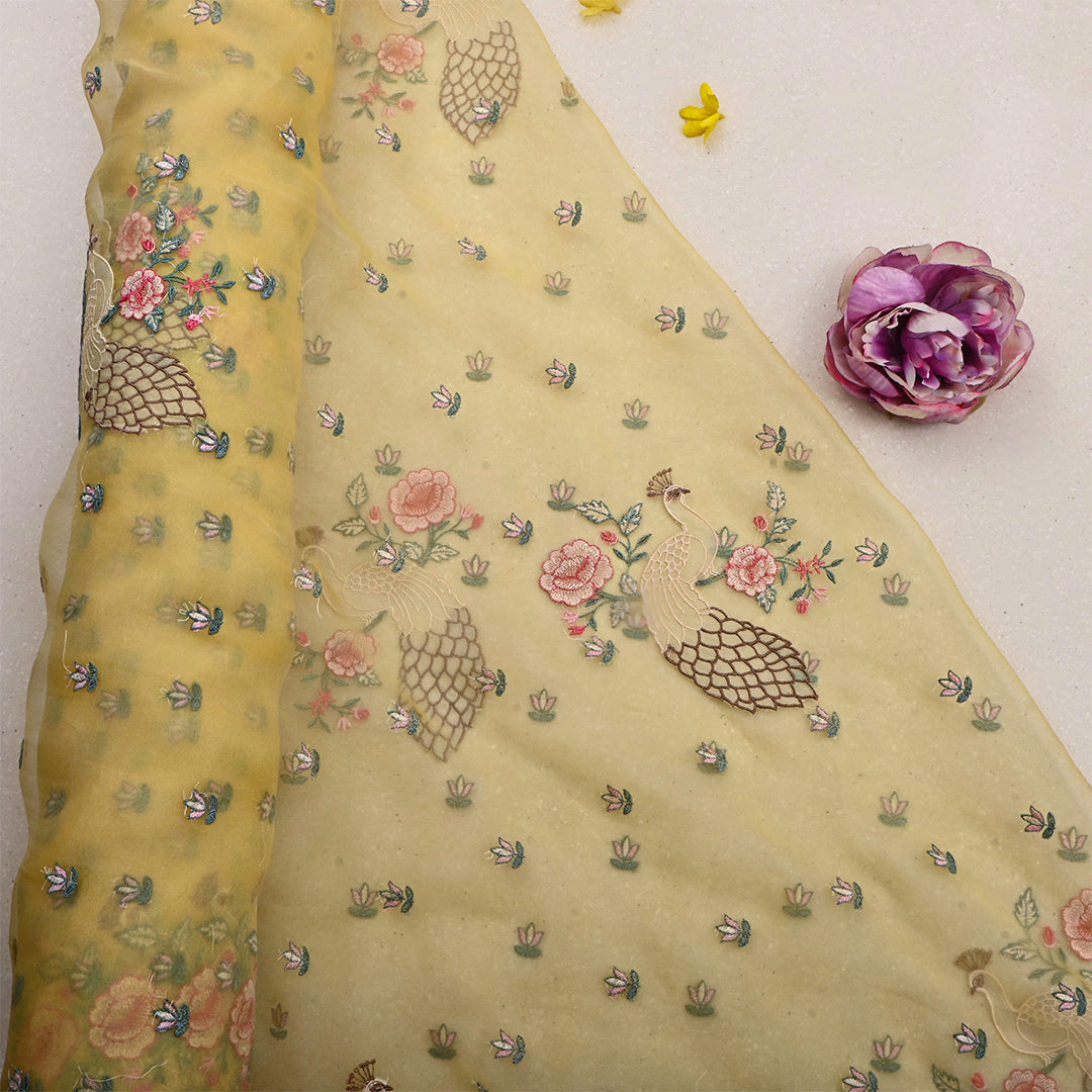 Pastel Yellow Organza Embroidered Fabric