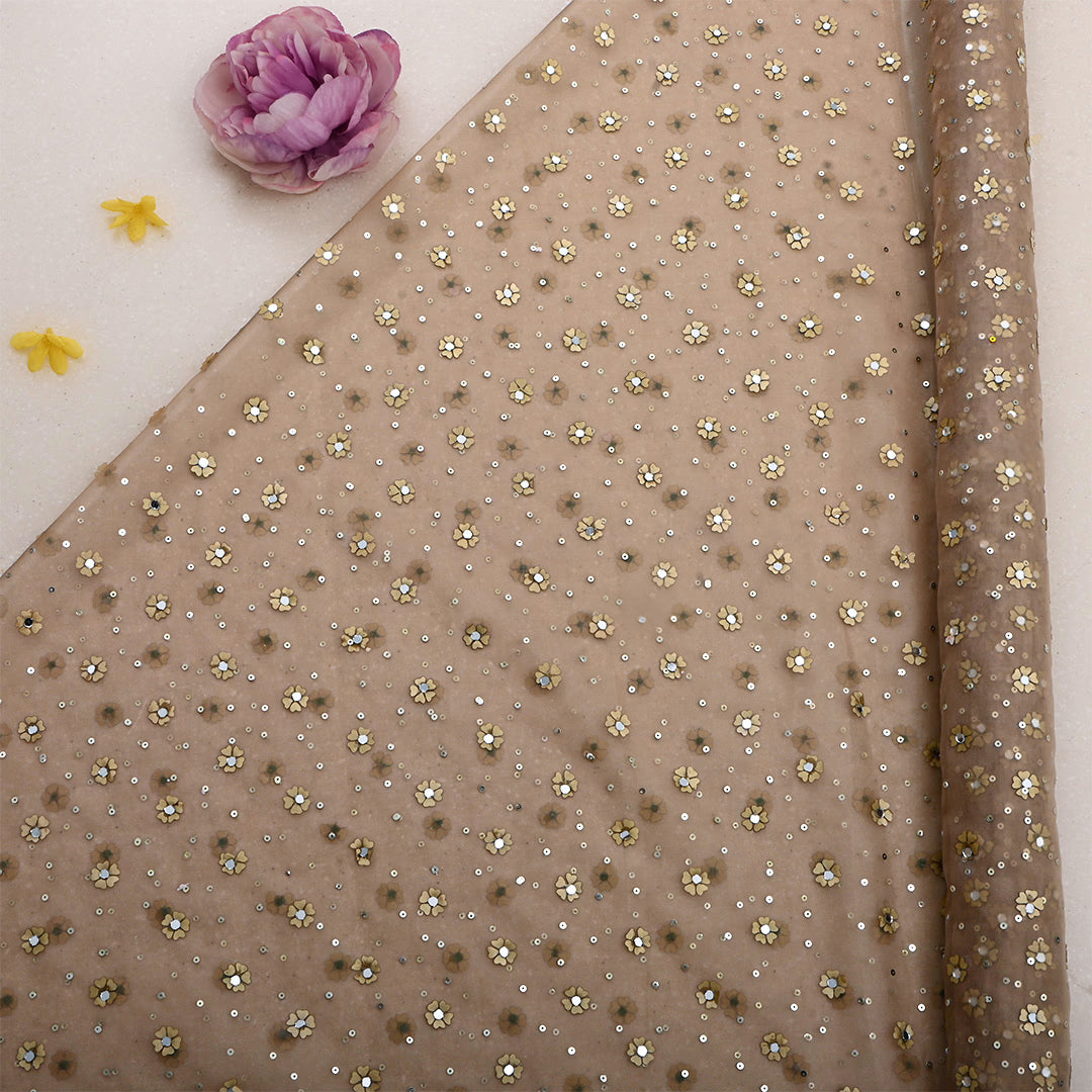Hardwood Brown Organza Sequins Work Fabric
