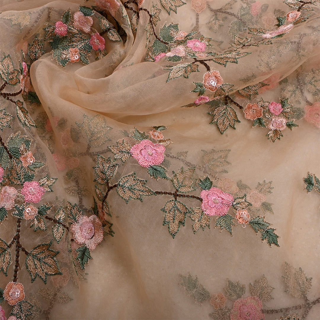 Dark Beige Organza Embroidered Fabric