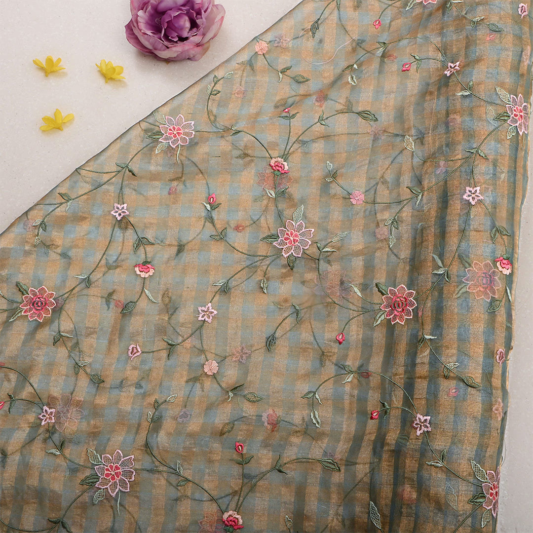 Light Mint Green Tissue Embroidered Vine Fabric