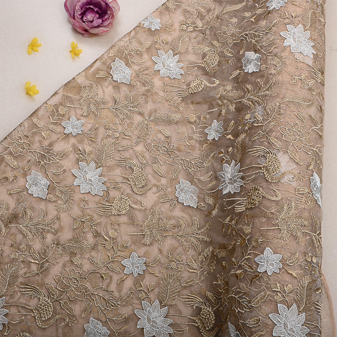 Pale Oyster Tissue Embroidered Fabric