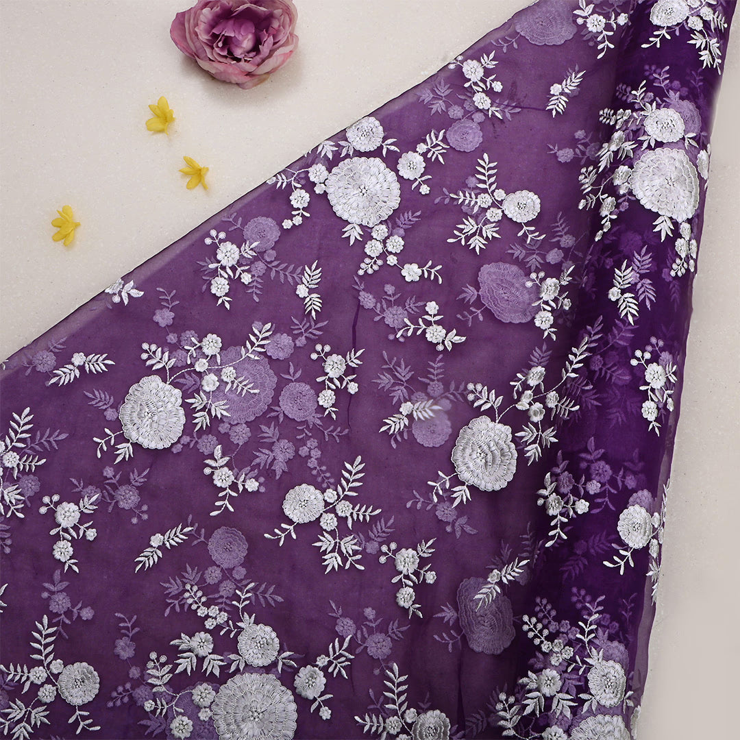 Deep Violet Organza Embroidered Fabric