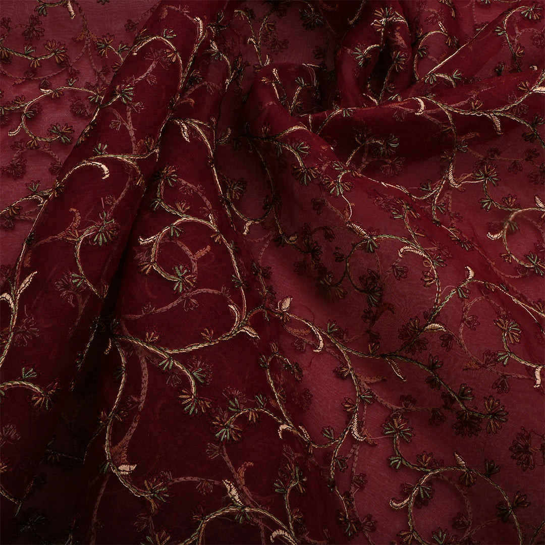 Aubergine Red Organza Thread Work Fabric