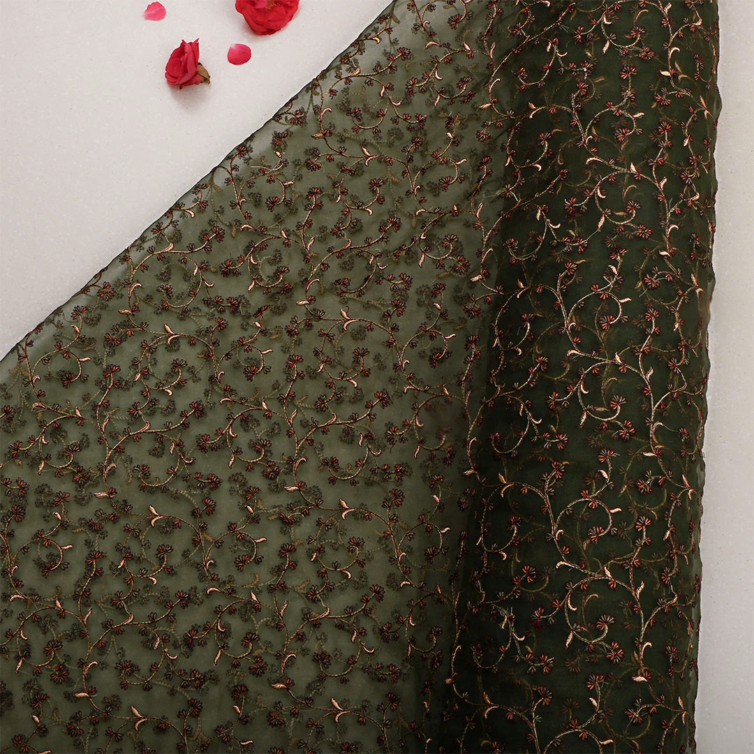 Rangoon Green Organza Thread Work Fabric