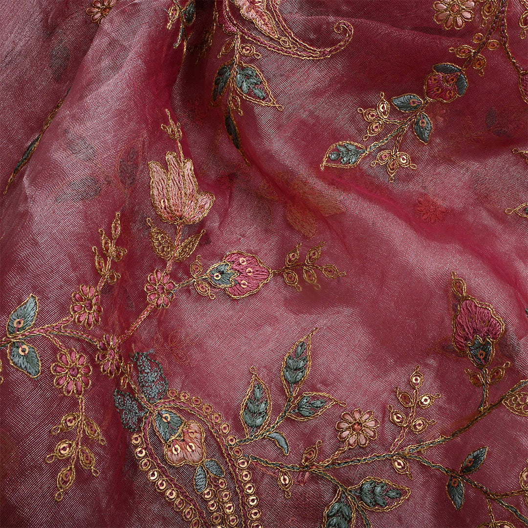 Brownish Purple Tissue Floral Embroidered Fabric