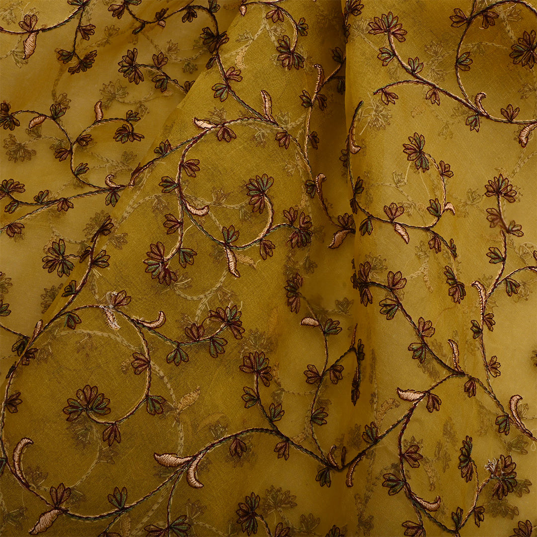 Old Yellow Organza Floral Jaal Thread Work Fabric