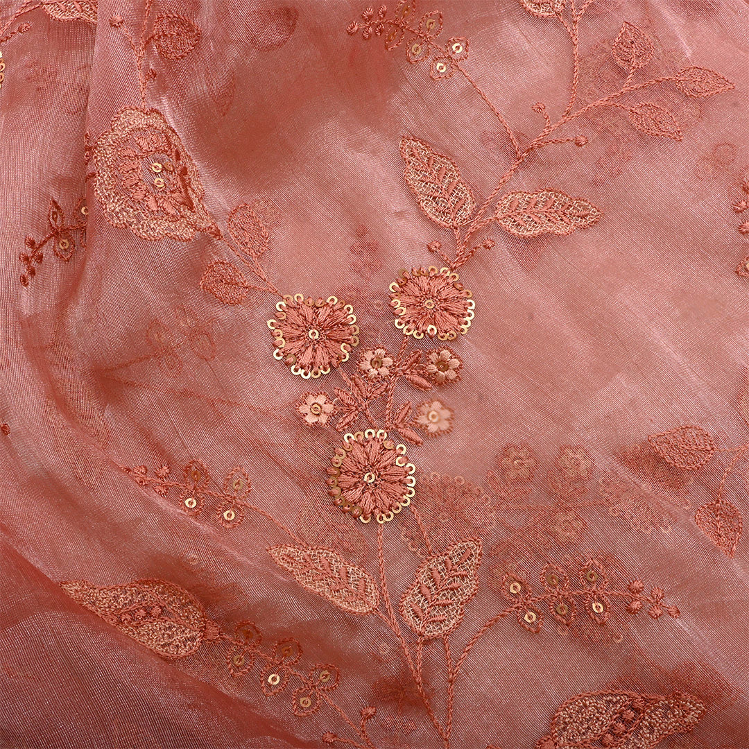 Brownish Pink Tissue Embroidered Fabric