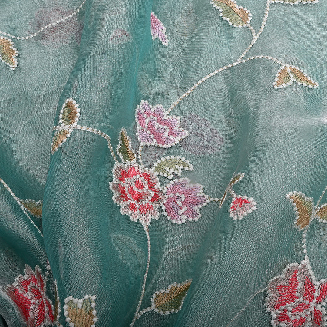 Greyish Teal Tissue Embroidered Fabric