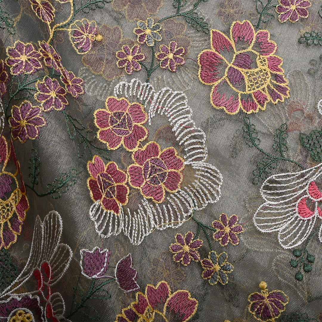 Light Gray Green Tissue Embroidered Fabric