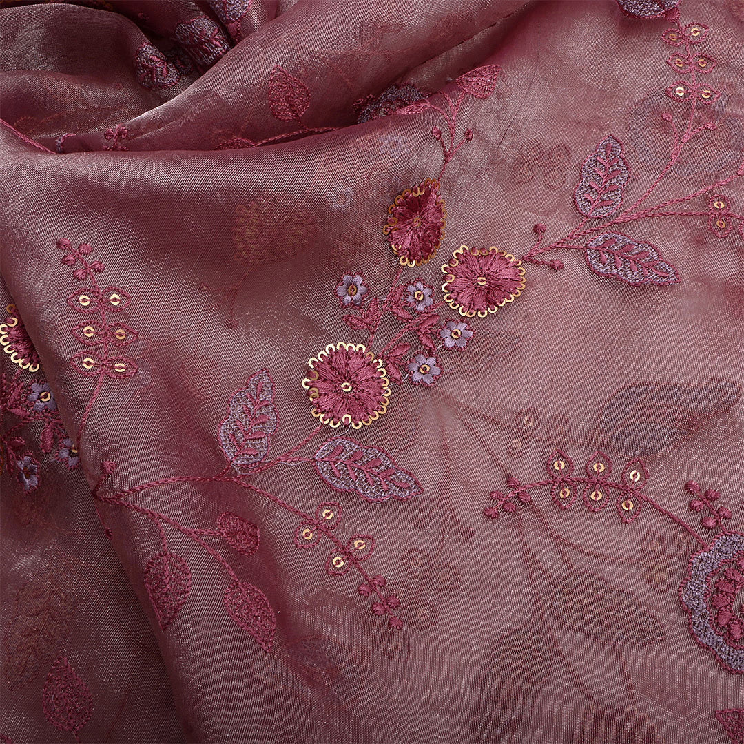 Purplish Brown Tissue Embroidered Fabric