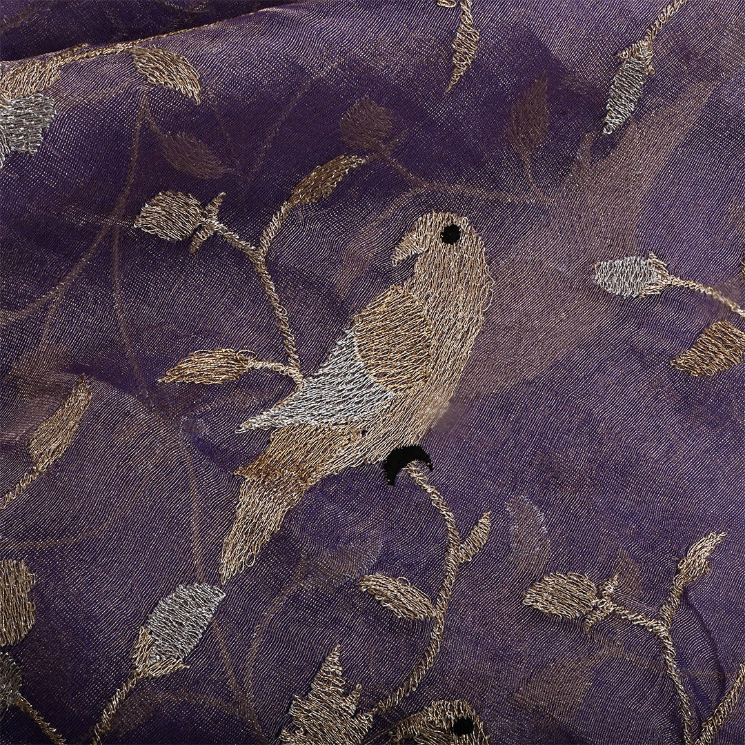 Mauve Purple Tissue Organza Embroidered Vine Fabric