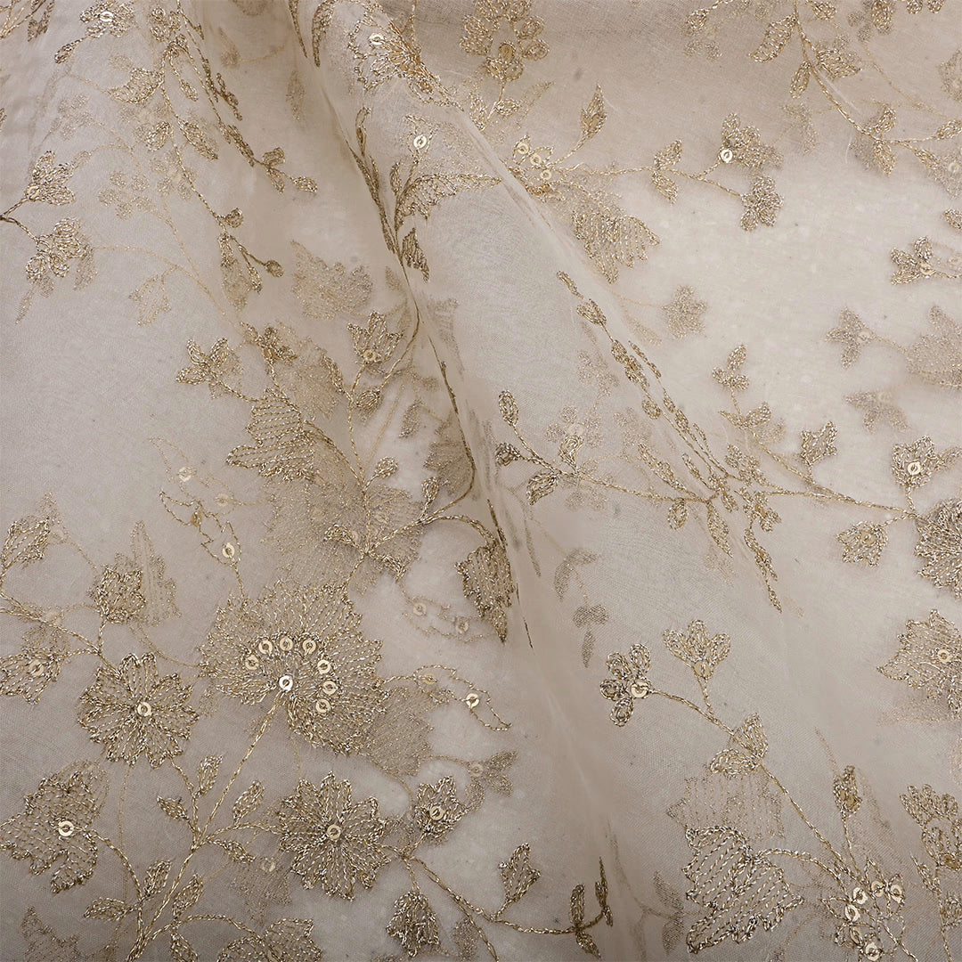 Off White Organza Zari Embroidered Fabric