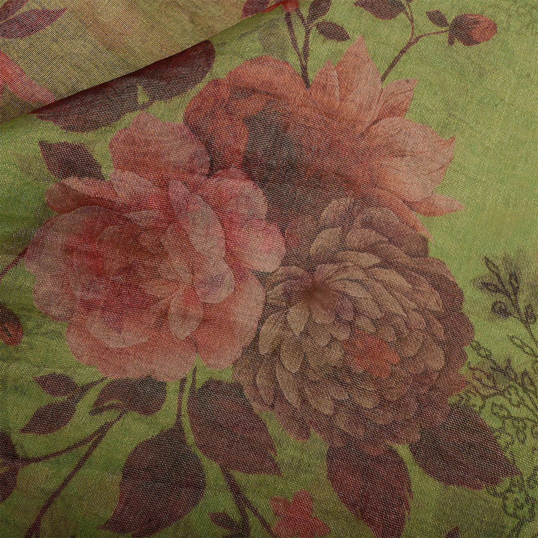 Drab Green Tissue Floral Printed Fabric