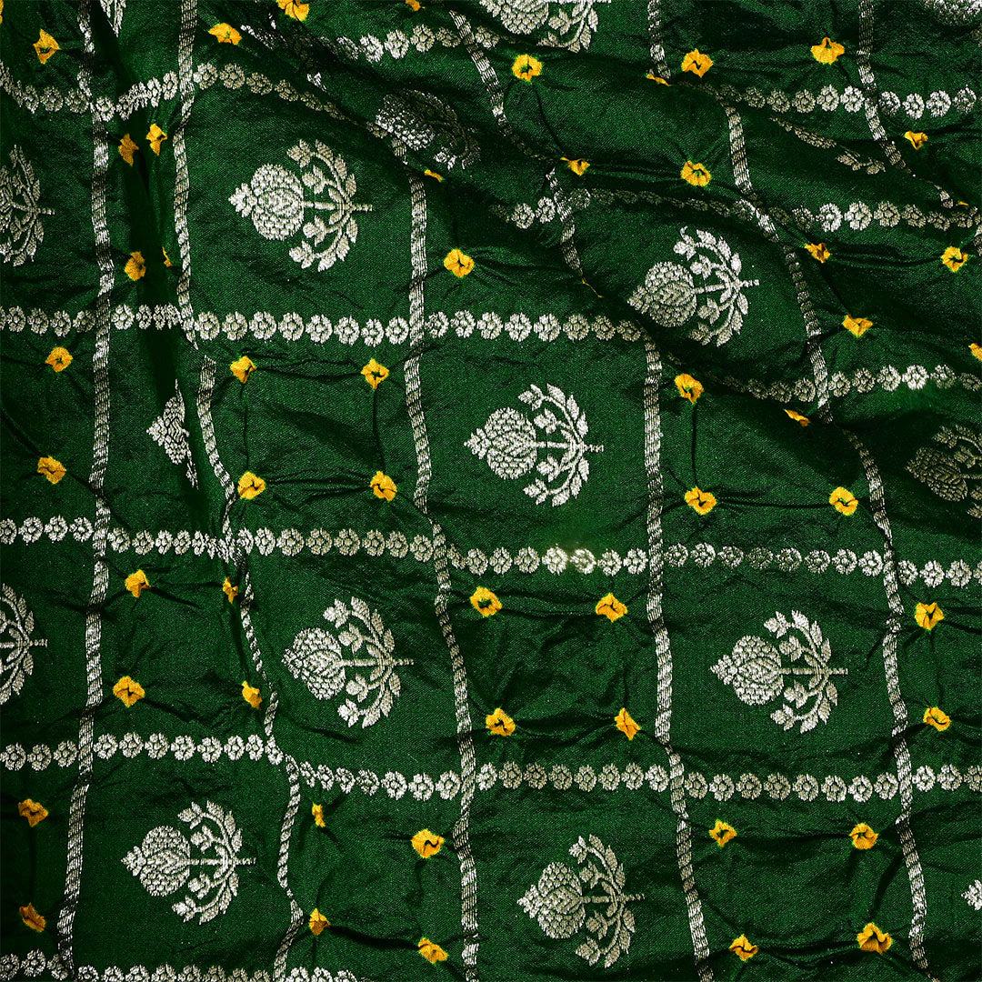 County Green Silk Bandhani Fabric With Checks Pattern
