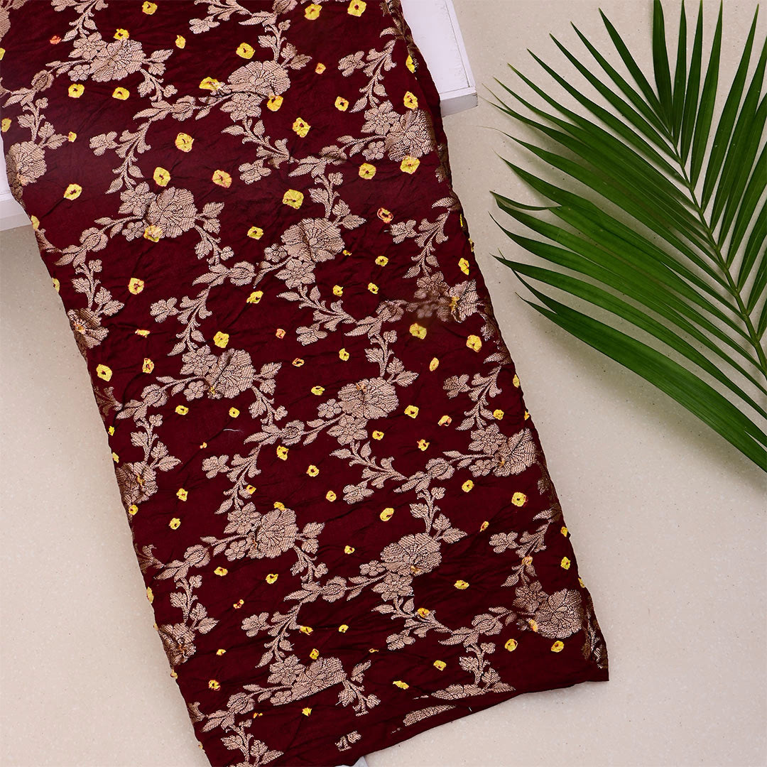 Sepia Black Silk Bandhani Fabric With Jaal Design