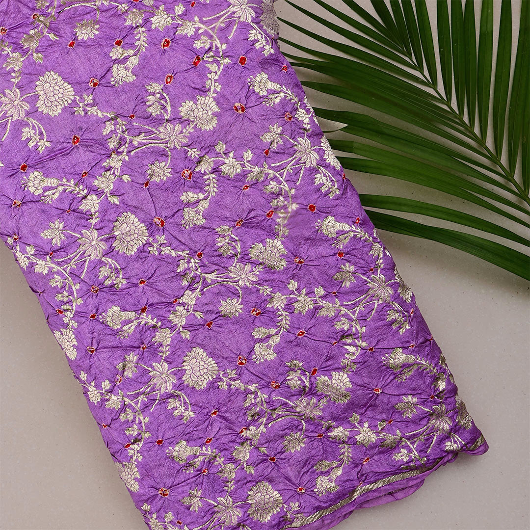 Eminence Purple Magenta Silk Bandhani Fabric With Floral Motifs