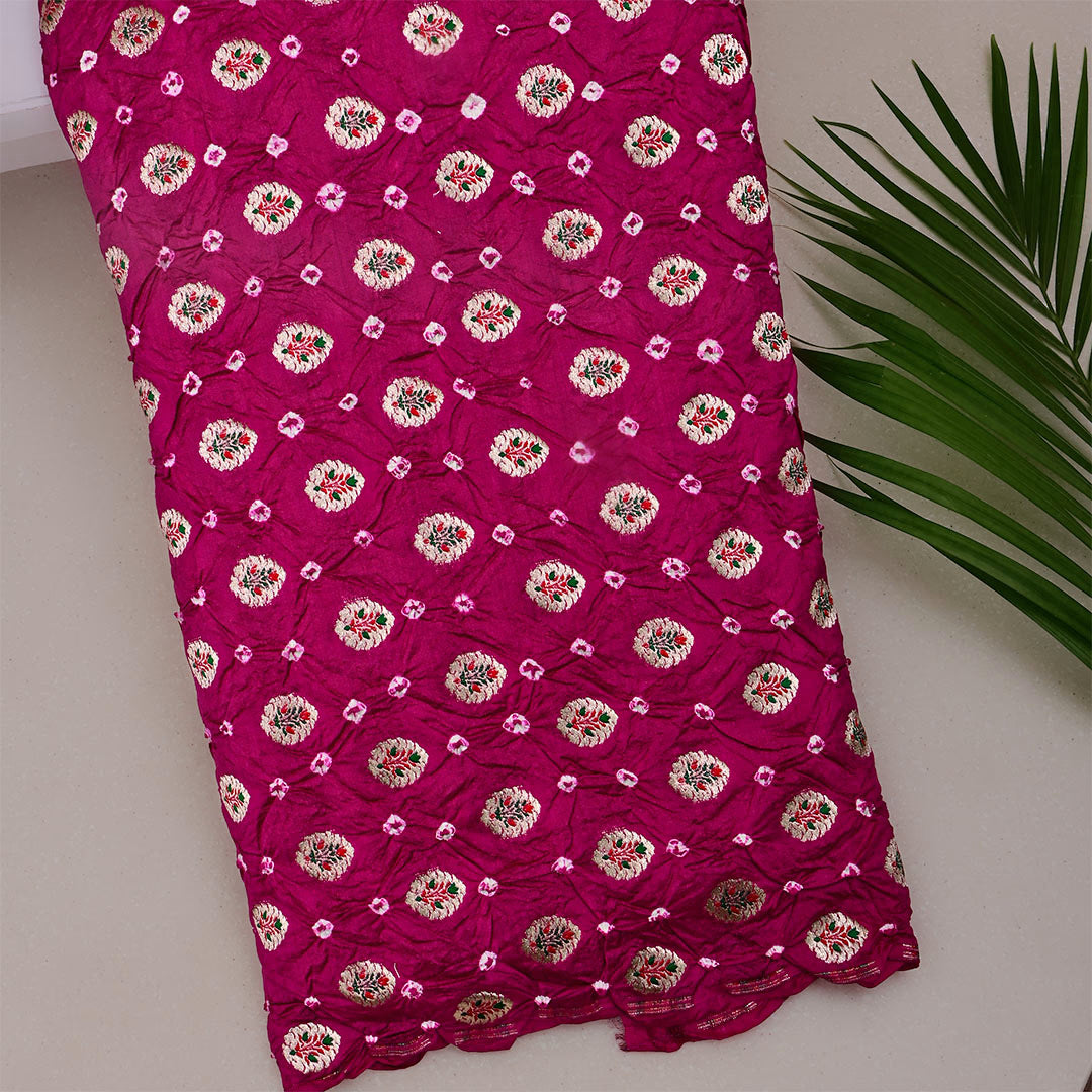 Magenta Rose Silk Bandhani Fabric With Motifs