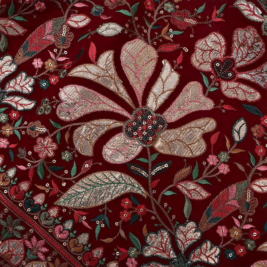 Claret Red Georgette Embroidered Fabric