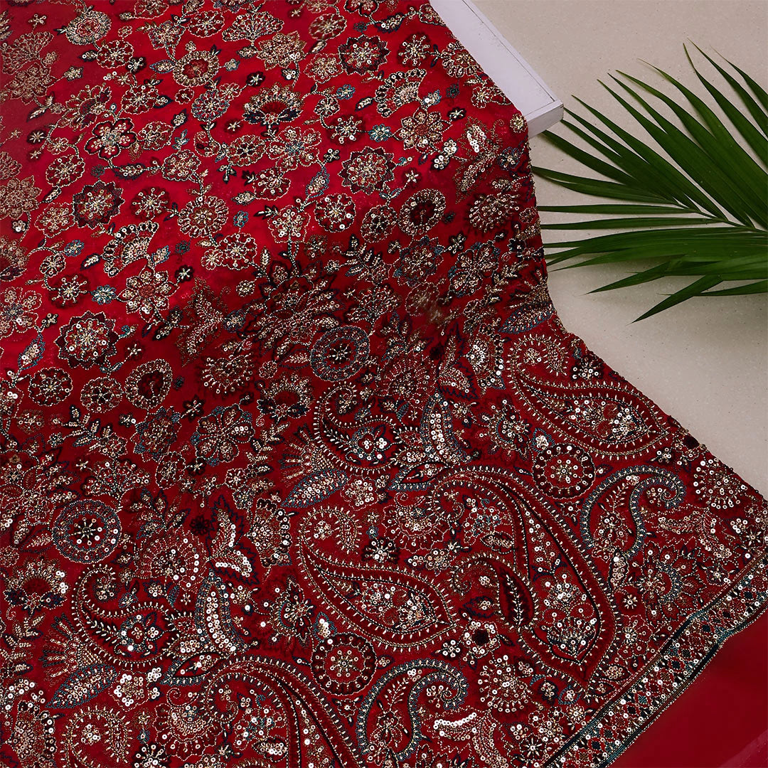 Japanese Maple Red Georgette Embroidered Fabric