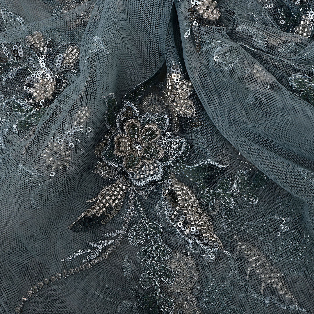 Bluish Gray Netted Embroidered Fabric