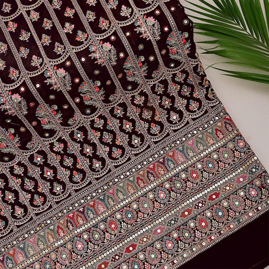 Dark Maroon Georgette Embroidered Fabric