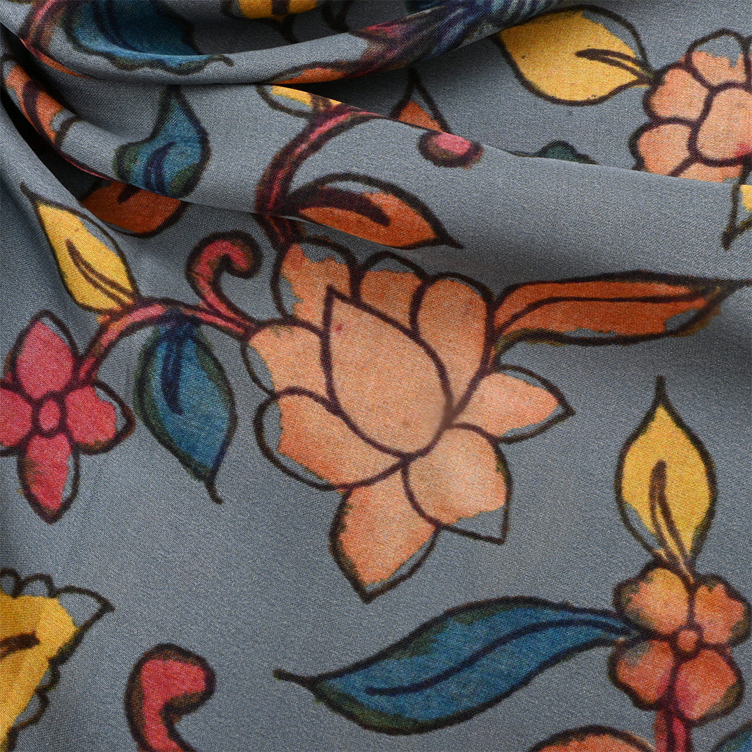 Steel Cyan Blue Satin Fabric With Kalamkari Print