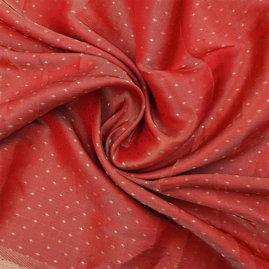 Dark Coral Jamawar Tissue Fabric With Dotted Pattern