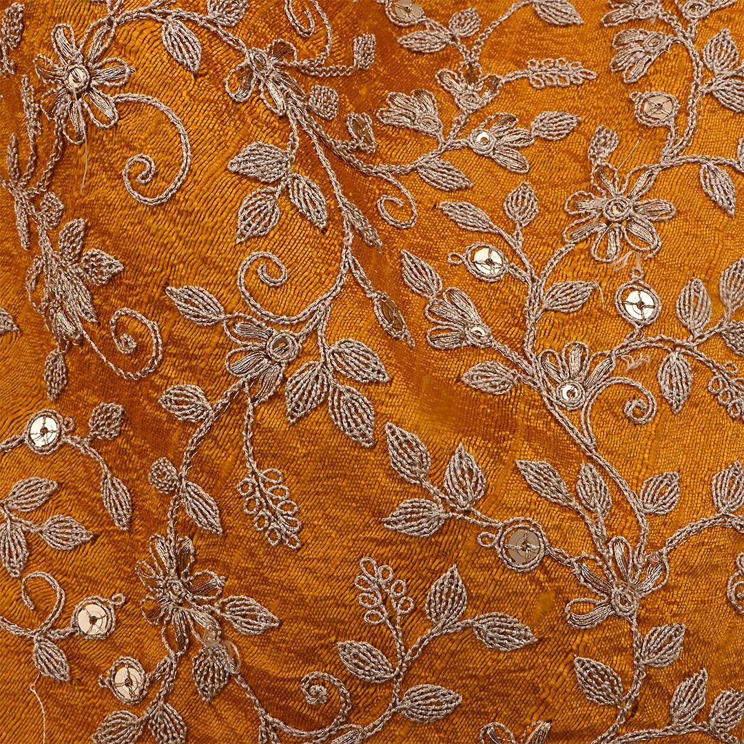 Orange Brown Dupion Raw Silk Zari Embroidered Fabric