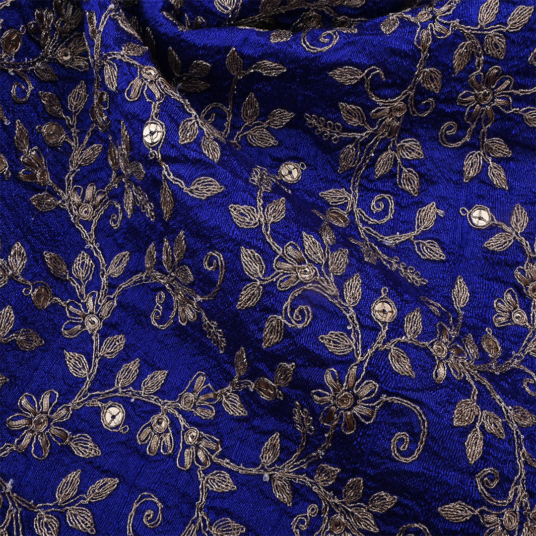Denim Dark Blue Dupion Raw Silk Zari Embroidered Fabric