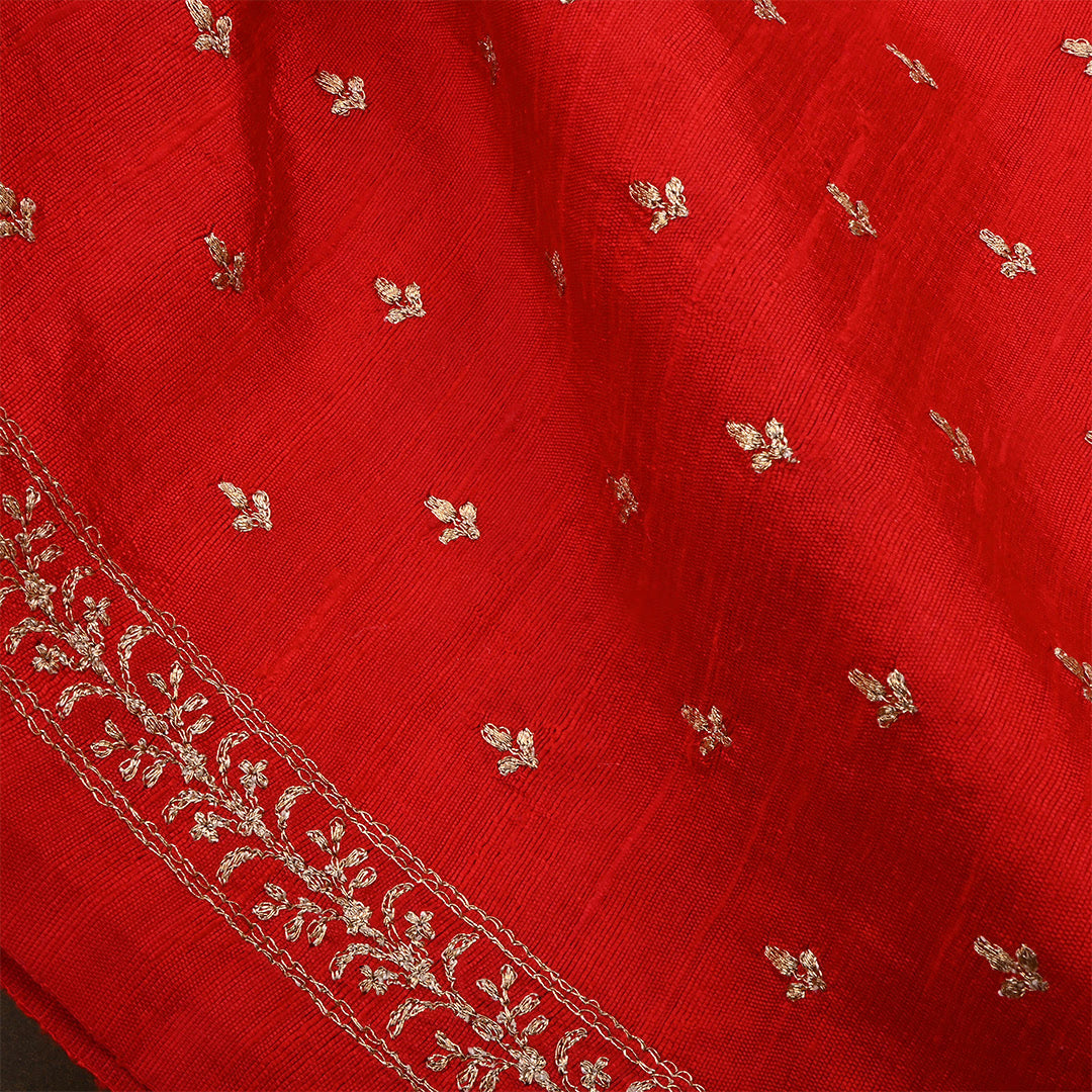 Venetian Red Dupion Rawsilk Zari Embroidered Buttis Fabric