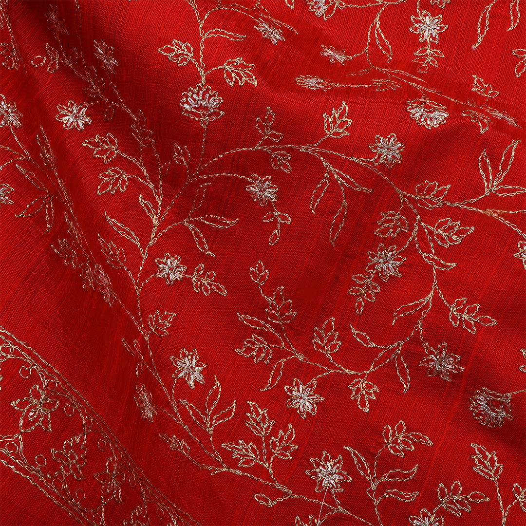 Burnt Orange Dupion Raw Silk Zari Embroidered Fabric