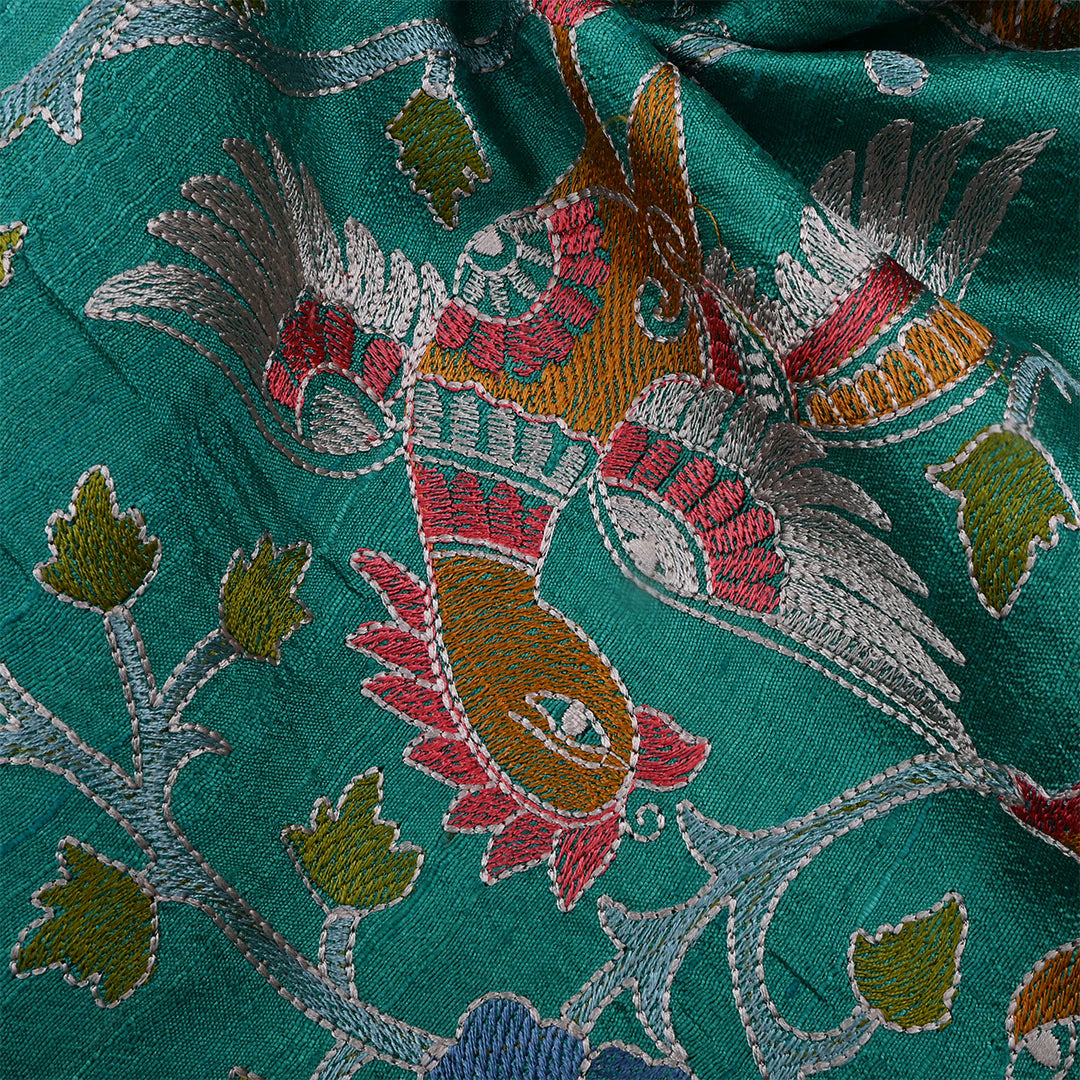 Dark Greenish Blue Dupion Raw Silk Embroidered Fabric