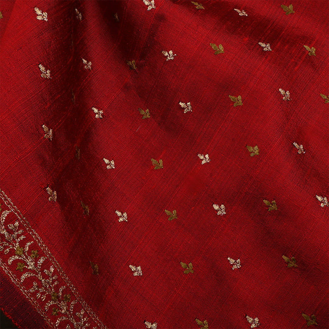 Red Berry Dupion Raw Silk Zari Embroidered Fabric