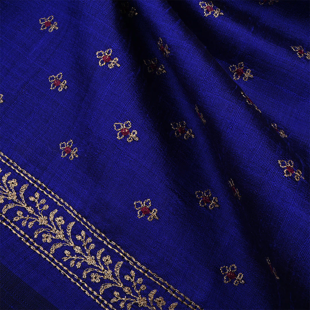 Dark Royal Blue Dupion Raw Silk Zari Embroidered Fabric