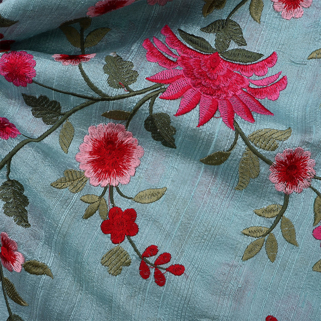 Gull Gray Cyan Dupion Raw Silk Embroidered Fabric