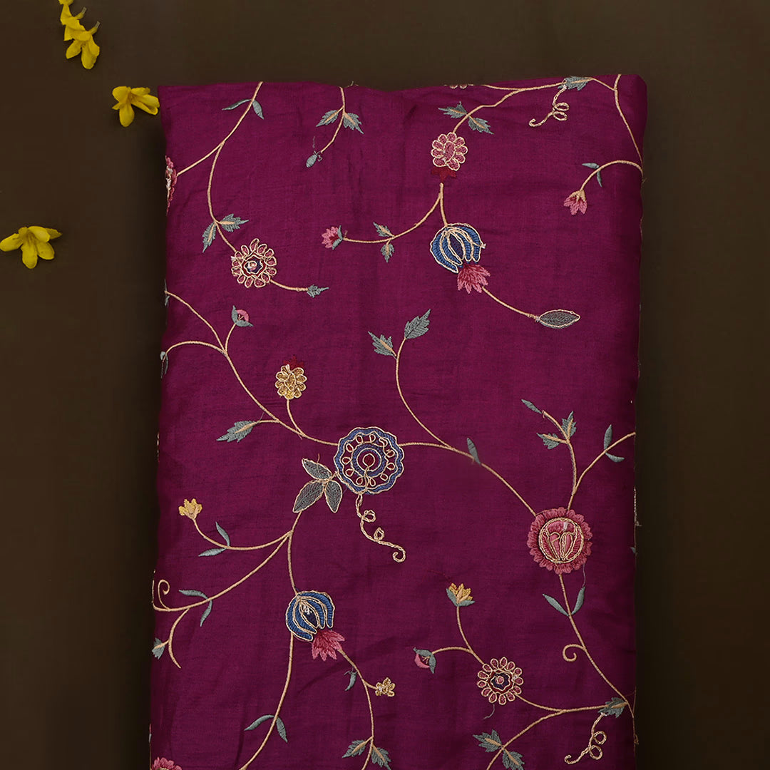 Wine Berry Tussar Embroidered Fabric