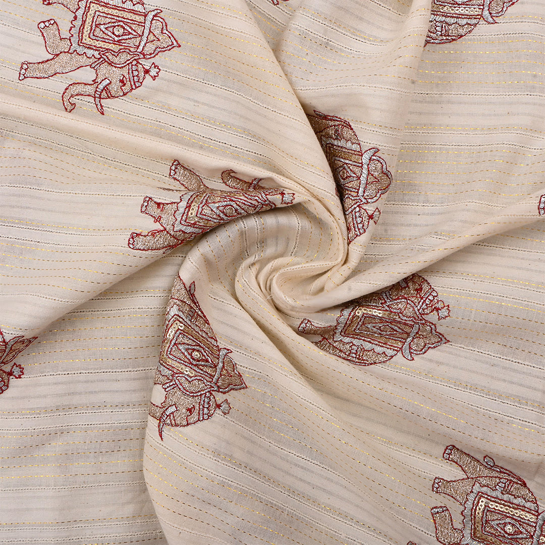 Soft Amber Cotton Embroidered Fabric With Elephant Motifs