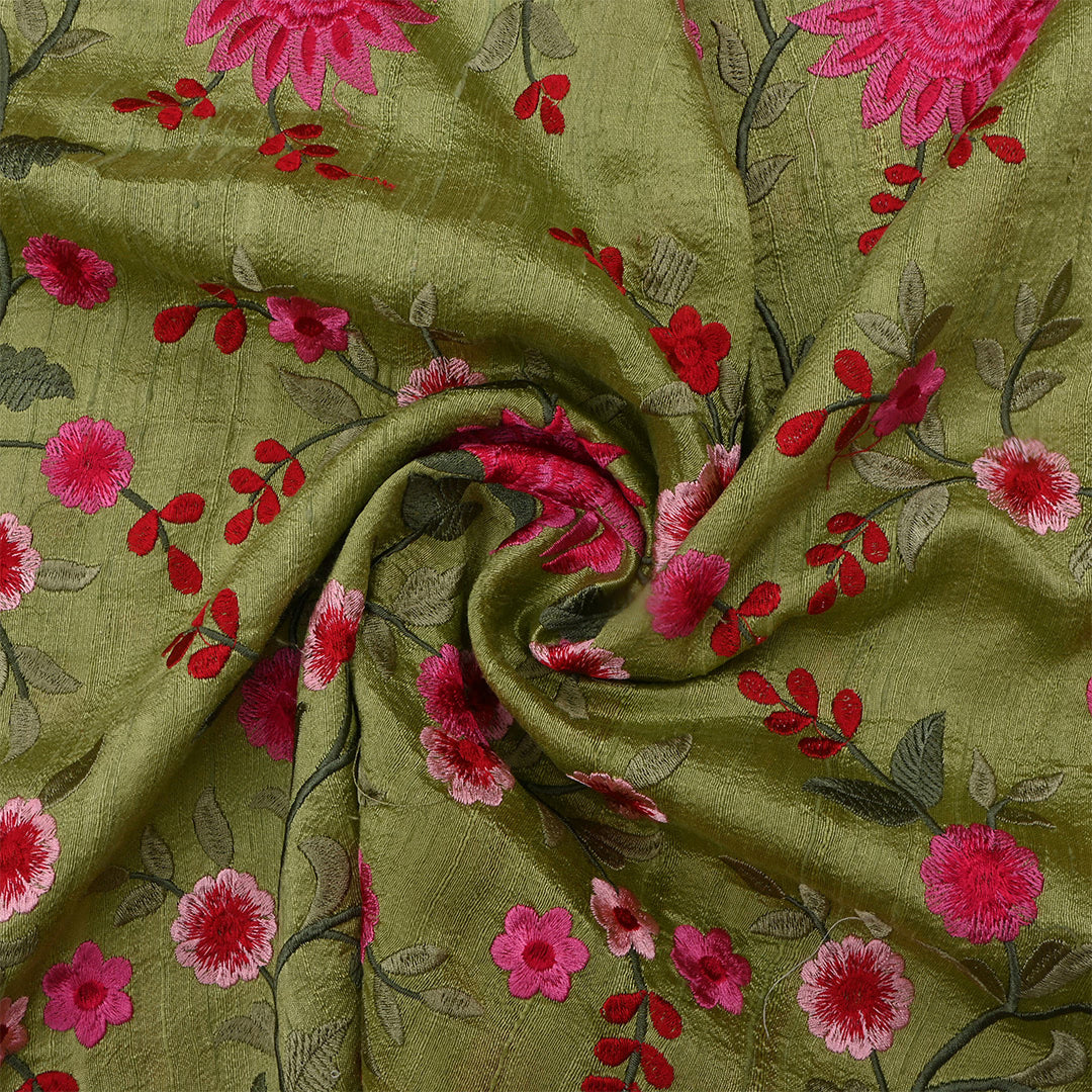 Muddy Green Dupion Raw Silk Embroidered Fabric